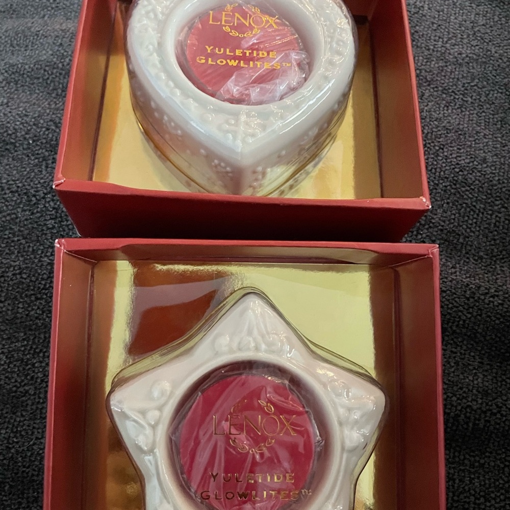 NEW Lenox Yuletide Glowlites  Heart and Star Tea Light  Set of 2